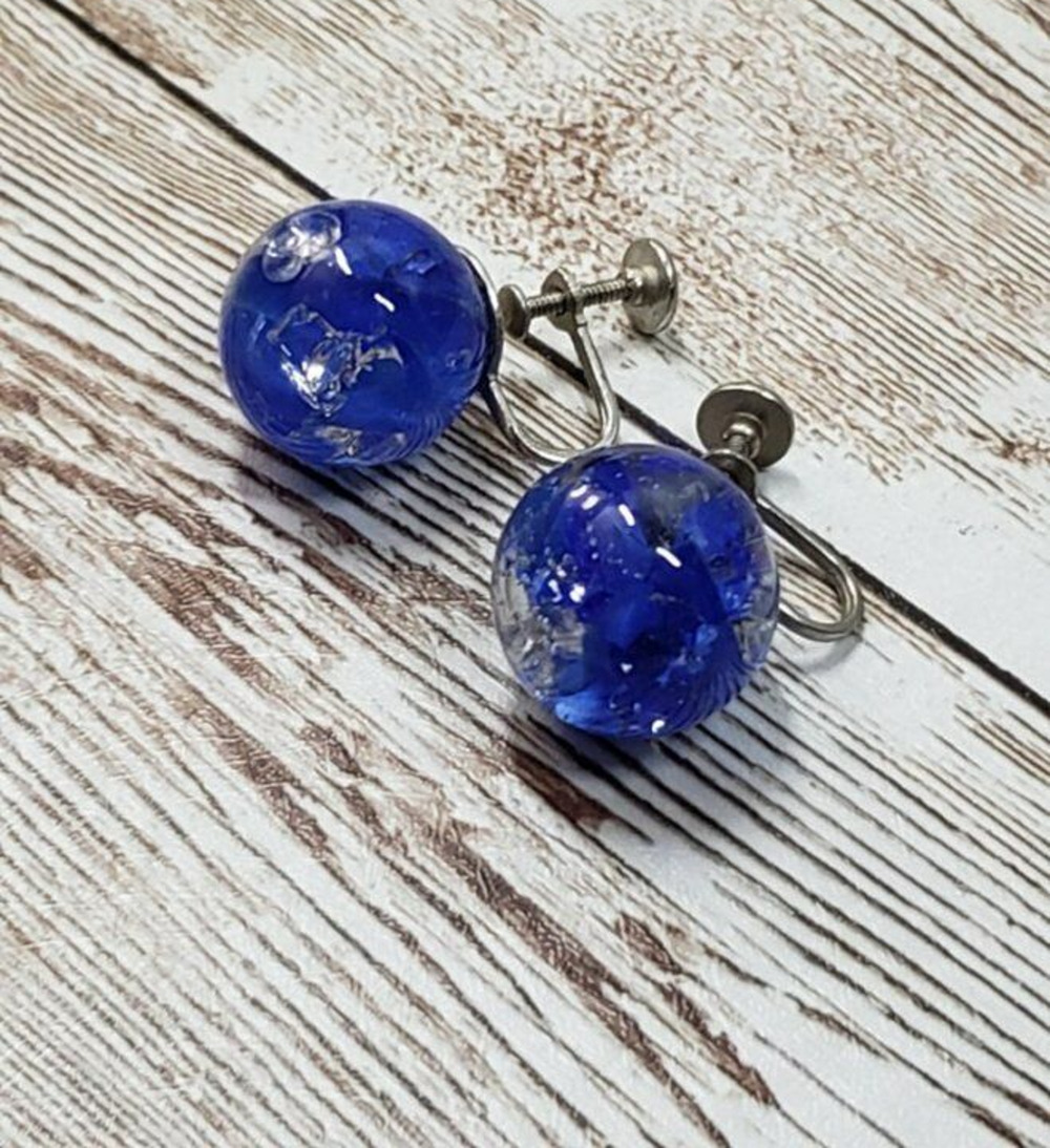 Vintage Screw On Earrings - Stunning Cracked Glass Style Blue Ball Shape